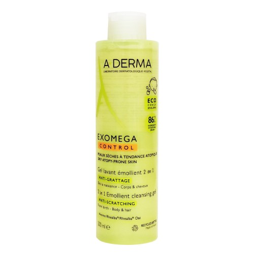 A-Derma Exomega Control 2in1 Emollient Cleansing Gel, Καθαριστικό Σώμα & Μαλλιά 200ml