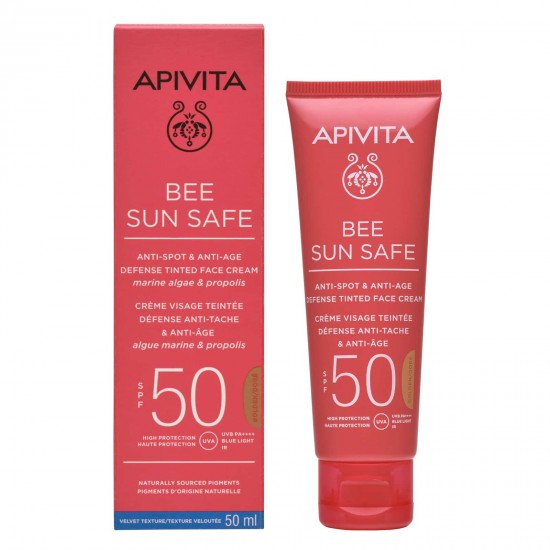 Apivita Bee Sun Safe Anti-Spot & Anti-Age Defense Tinted Face Cream SPF50 Golden Απόχρωση, Αντηλιακή Προσώπου κατά των Πανάδων, με Χρώμα 50ml