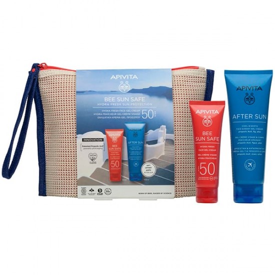 Apivita Promo Bee Sun Safe Hydra Fresh ,Face Gel-Cream Ενυδατική Κρέμα-Gel Κατά των Πανάδων & των Ρυτίδων SPF50, 50ml & Δώρο After Sun Cool & Sooth Δροσιστική & Καταπραϋντική Κρέμα-Gel για Πρόσωπο & Σώμα 100ml & Νεσεσέρ