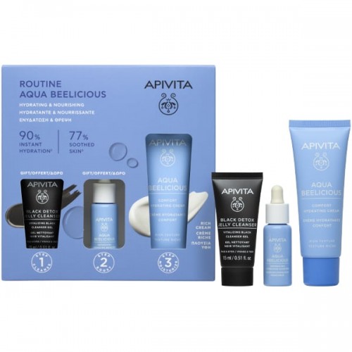 Apivita  Promo Aqua Beelicious Comfort Hydrating Cream Κρέμα Ενυδάτωσης Πλούσιας Υφής 40ml & Δώρο Black Detox Cleansing Jelly Μαύρο Gel Καθαρισμού για Πρόσωπο & Μάτια 15ml & Aqua Beelicious Booster Αναζωογόνησης & Ενυδάτωσης 10ml