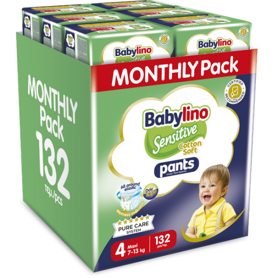 Babylino Sensitive Pants Cotton Soft Unisex No.4 Junior (7-13kg) Monthly Pack 132 Τεμάχια