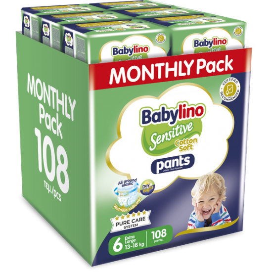 Babylino Sensitive Pants Cotton Soft Unisex No.6 Extra Large (13-18kg)  Monthly Pack 108 Τεμάχια