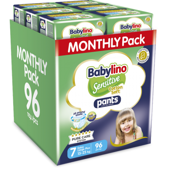 Babylino Sensitive Pants Cotton Soft Unisex No.7 Extra Large Plus  (15-25kg)  Monthly Pack 96 Τεμάχια