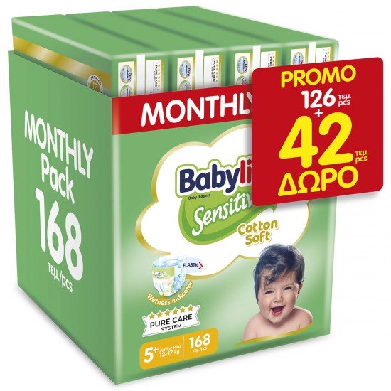 Babylino Sensitive Cotton Soft No5+ 12-17 kg Monthly Pack 168 Πάνες