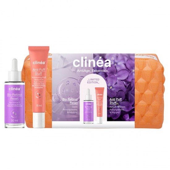 Clinea Promo Anti-Age Essentials Bio-Retinol Reset Ορός Αντιγήρανσης & Λάμψης 30ml & Anti-Puff Stuff  Κρέμα Ματιών Ατιγήρανσης & Λάμψης 15ml & Δώρο Νεσεσέρ