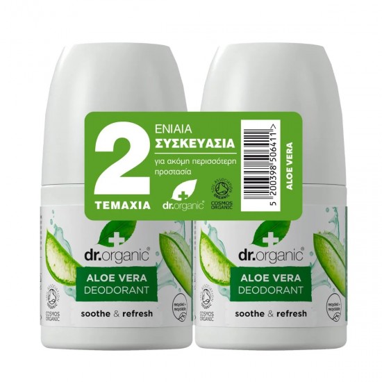 Dr. Organic Promo Aloe Vera Deodorant Roll-On Double Pack Ενυδατικό Αποσμητικό με Βιολογική Αλόη Βέρα, 2x50ml