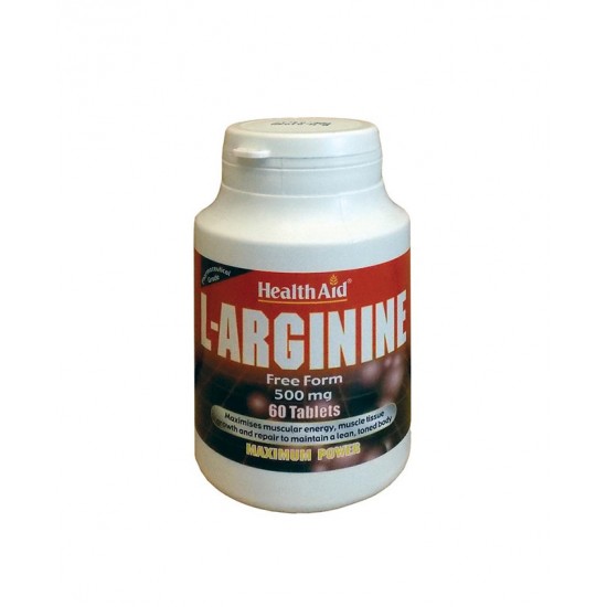 Health Aid L-Arginine, Συμπλήρωμα Διατροφής 60 Ταμπλέτες Σκεύασμα Αργινίνης, ενός Αμινοξέος Απαραίτητου για την Παραγωγή Ενέργειας στους Μυς και την Επανόρθωση τους.
