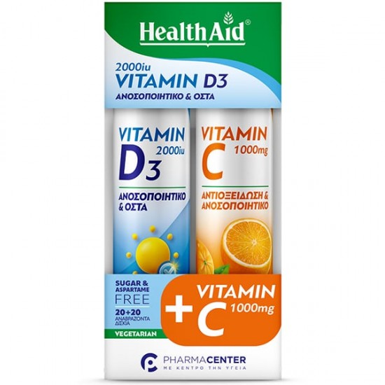 Health Aid Promo Vitamin D3 2000iu  Με Γεύση Πορτοκάλι 20 Αναβράζοντα Δισκία & Vitamin C 1000mg  Με Γεύση Πορτοκάλι 20 Αναβράζοντα Δισκία