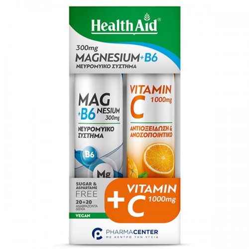 Health Aid Promo Magnesium+B6 Μαγνήσιο + Β6 Με Γεύση Λεμόνι 20 Αναβράζοντα Δισκία & Vitamin C 1000mg  Με Γεύση Πορτοκάλι 20 Αναβράζοντα Δισκία