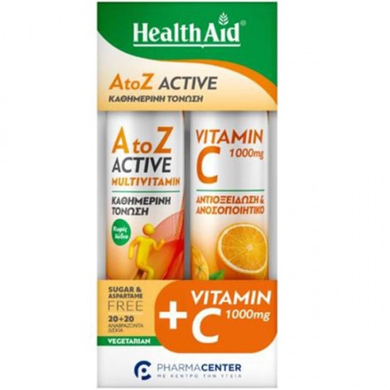Health Aid Promo Fizzy Vitamin C 1000mg  με Γεύση Πορτοκάλι 20 Αναβράζουσες Ταμπλέτες &  A to Z Active  Multivitamin Γεύση Τροπικά Φρούτα 20 Αναβράζουσες Ταμπλέτες