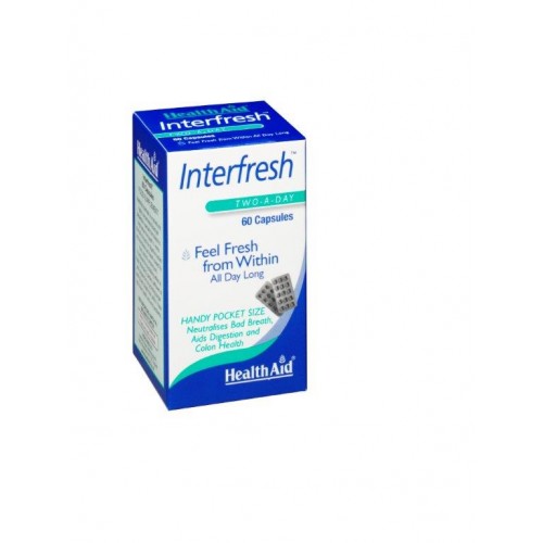 Health Aid Interfresh, Συμπλήρωμα Διατροφής Ενα Φυσικό Προϊόν, Ειδικά Σχεδιασμένο να δρα Θετικά στο Φρεσκάρισμα της Αναπνοής 60 Κάψουλες Health Aid Interfresh, Συμπλήρωμα Διατροφής Ενα Φυσικό Προϊόν, Ειδικά Σχεδιασμένο να δρα Θετικά στο Φρεσκάρισμα της Αναπνοής 60 Κάψουλες