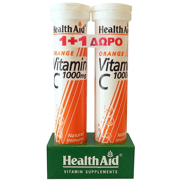 Health Aid 1+1 ΔΩΡΟ Vitamin C 1000mg, Συμπλήρωμα Διατροφής με Γεύση Πορτοκάλι 2x20 Αναβράζουσες Ταμπλέτες