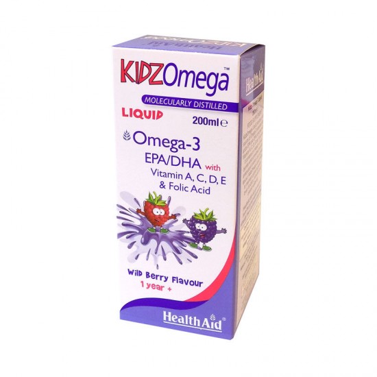 Health Aid KIDZ Omega-3 Liquid, Ω3 Λιπαρά Οξέα & Βιταμίνες, Συμπυκνωμένο Υγρό, Γεύση Βατόμουρο 200ml