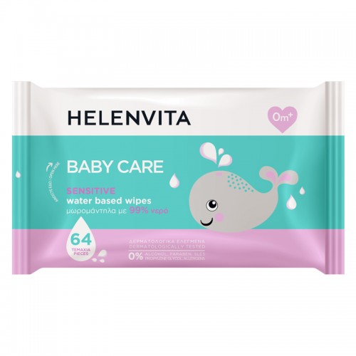 Helenvita Baby Care Sensitive Water Based Wipes, Μωρομάντηλα με 99% Νερό 64 Τεμάχια