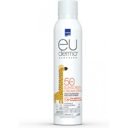 Intermed Euderma Babyderm Sunscreen Cream Spray SPF50 for Face & Body Βρεφικό Αντηλιακό για Πρόσωπο & Σώμα με Βιταμίνη Ε & Υαλουρονικό Οξύ 200ml