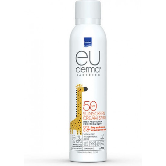 Intermed Euderma Babyderm Sunscreen Cream Spray SPF50 for Face & Body Βρεφικό Αντηλιακό για Πρόσωπο & Σώμα με Βιταμίνη Ε & Υαλουρονικό Οξύ 200ml Intermed Euderma Babyderm Sunscreen Cream Spray SPF50 for Face & Body Βρεφικό Αντηλιακό για Πρόσωπο & Σώμα με Βιταμίνη Ε & Υαλουρονικό Οξύ 200ml