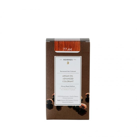 Korres Argan Oil Advanced Colorant N77.44, Βαφή Μαλλιών Χρώμα Ξανθό Έντονο Χάλκινο Korres Argan Oil Advanced Colorant N77.44, Βαφή Μαλλιών Χρώμα Ξανθό Έντονο Χάλκινο