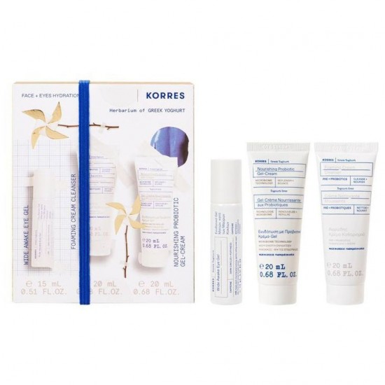 Korres Promo Greek Yoghurt Face & Eye Hydration Kit Wide Awake Eye Gel 15ml & Foaming Cream Cleanser 20ml & Nourishing Probiotic Gel-Cream 20ml 