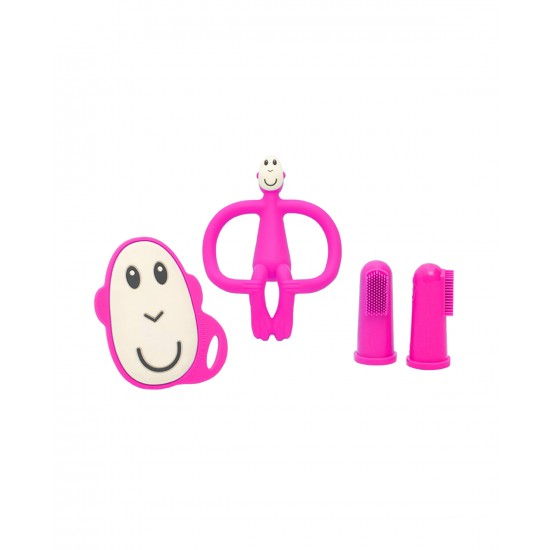 Matchstick Monkey Pink Starter Set. Flat Teethe & Silicone Finger Toothbrush & Animal Teether