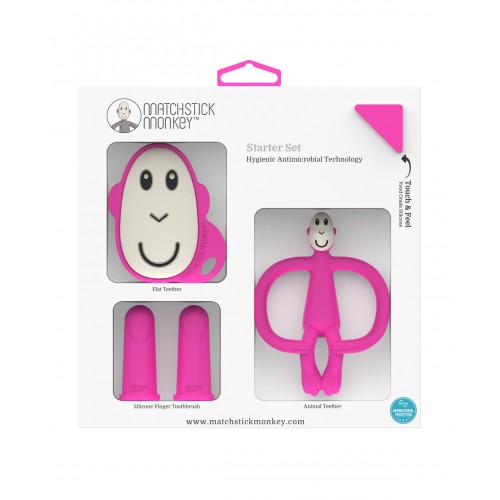 Matchstick Monkey Pink Starter Set. Flat Teethe & Silicone Finger Toothbrush & Animal Teether