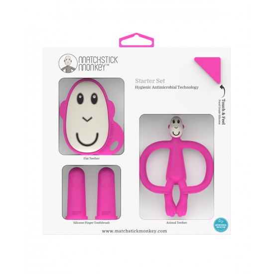 Matchstick Monkey Pink Starter Set. Flat Teethe & Silicone Finger Toothbrush & Animal Teether