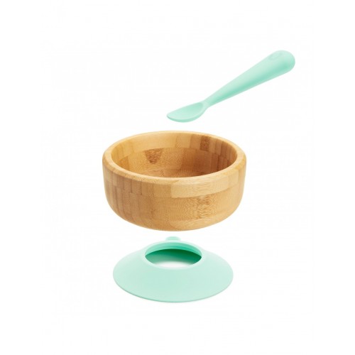 Munchkin Bambou Suction Bowl and Spoon 6m+, Οικολογικό Πιάτο από Μπαμπού & Κουταλάκι Σιλικόνης, Χρώμα Γαλάζιο