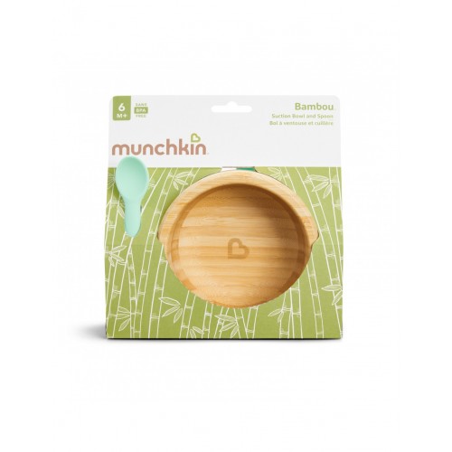 Munchkin Bambou Suction Bowl and Spoon 6m+, Οικολογικό Πιάτο από Μπαμπού & Κουταλάκι Σιλικόνης, Χρώμα Γαλάζιο