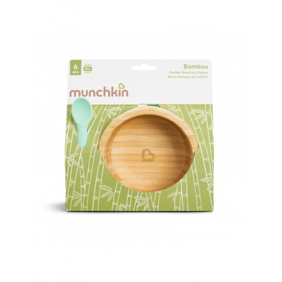 Munchkin Bambou Suction Bowl and Spoon 6m+, Οικολογικό Πιάτο από Μπαμπού & Κουταλάκι Σιλικόνης, Χρώμα Γαλάζιο