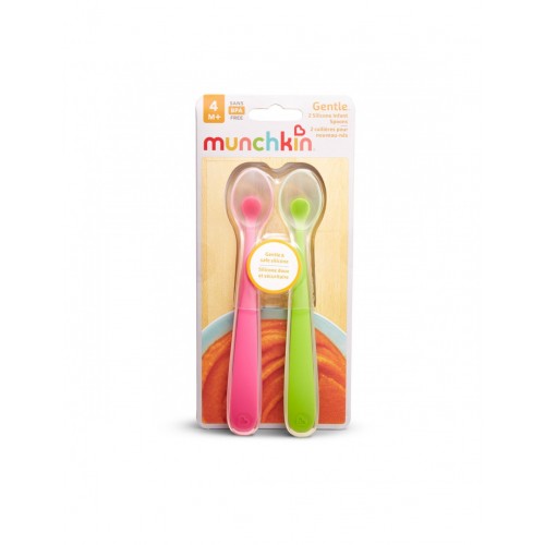Munchkin Gentle Silicone Spoons 4m+, Κουταλάκια Σιλικόνης Χρώμα Ροζ & Πράσινο 2 Τεμάχια
