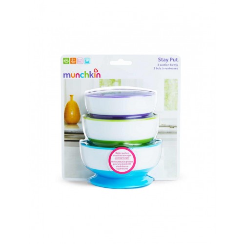 Munchkin Stay Put Suction Bowls 6m+, Μπολ με Βάση Βεντούζα, Χρώμα Μωβ & Πράσινο & Μπλε 3 Τεμάχια