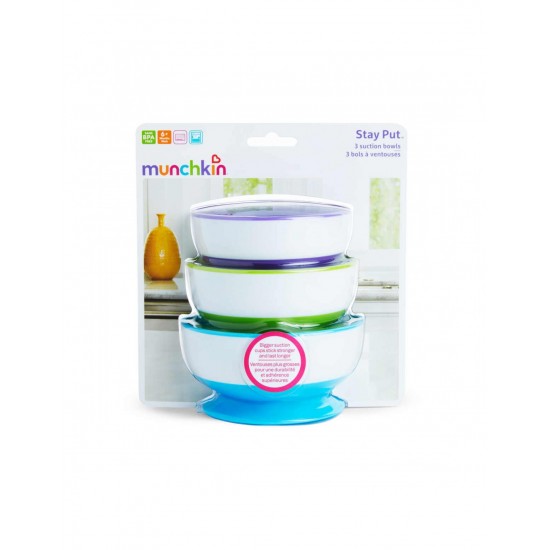 Munchkin Stay Put Suction Bowls 6m+, Μπολ με Βάση Βεντούζα, Χρώμα Μωβ & Πράσινο & Μπλε 3 Τεμάχια