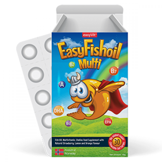EasyVit EasyFishoil Multi, Ωμέγα 3, Βιταμίνες & Χολίνη 30 Μασώμενα Ζελεδάκια Γεύση Φρούτων