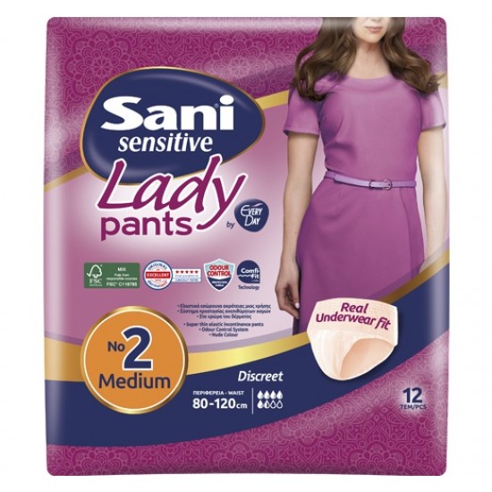 Sani Sensitive Lady Pants No2 Medium Γυναικεία Ελαστικά Εσώρουχα Ακράτειας 12 Τεμάχια