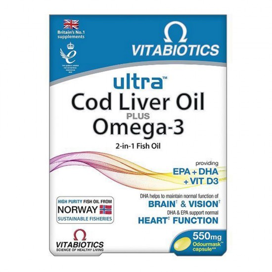 Vitabiotics Ultra Cod Liver Oil Plus Omega 3, Συνδυασμός Ωμέγα-3 Ιχθυελαίων και Μουρουνέλαιου 60caps