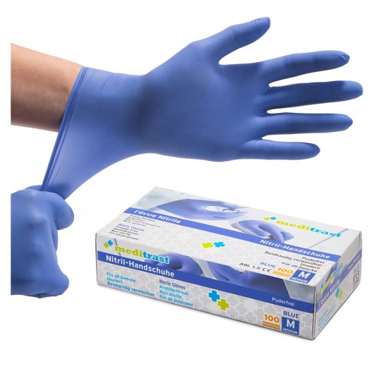 Meditrast Εξεταστικά Γάντια Νιτριλίου, Χωρίς Πούδρα, Αμφιδέξια, Χρώμα Μπλε Medium 100 Τεμάχια