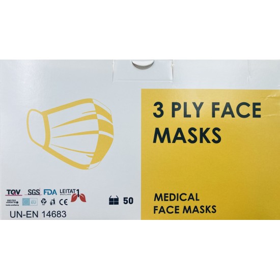 Medical Face Masks Type IIR, 3ply Μάσκες Χειρουργικές Προσώπου με Λάστιχο, Χρώμα Κίτρινο 50 Τεμάχια
