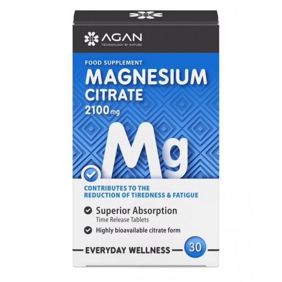 Agan Magnesium Citrate 2100mg, Αποδίδει 150mg Υψηλής Βιοδιαθεσιμότητας Μαγνήσιο 30 Ταμπλέτες