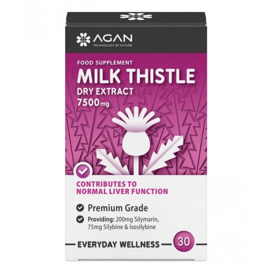 Agan Milk Thilstle dry extract 7500mg,  με 250 mg Τιτλοδοτημένο Εκχύλισμα Γαϊδουράγκαθου (ισοδύναμου με 7500 mg καρπού γαϊδουράγκαθου) 30 Φυτικές Κάψουλες