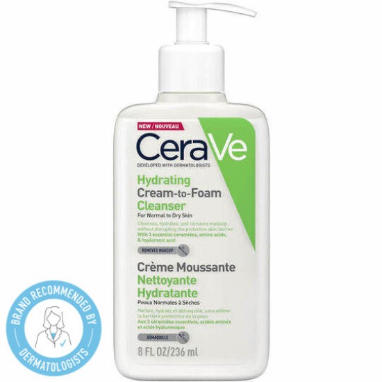 Cerave Hydrating Cream-to-Foam Cleanser, Αφρώδης Κρέμα Καθαρισμού για Κανονικό -Ξηρό Δέρμα 236ml