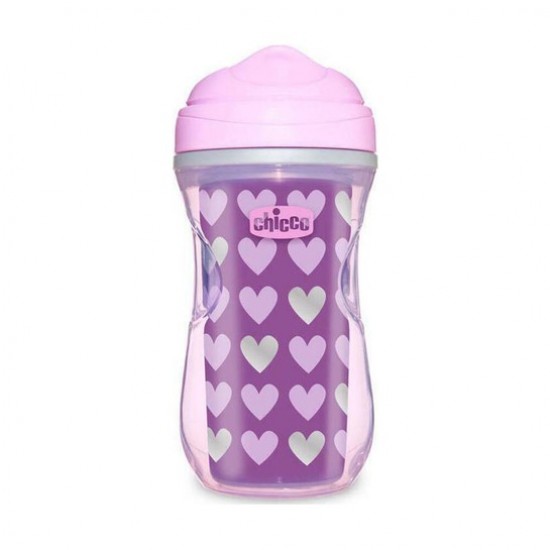 Chicco Active Cup 14m+ Μονωμένο Κύπελλο με Μαλακό Στόμιο, Χρώμα Μωβ με Σχέδιο Καρδιές 266ml