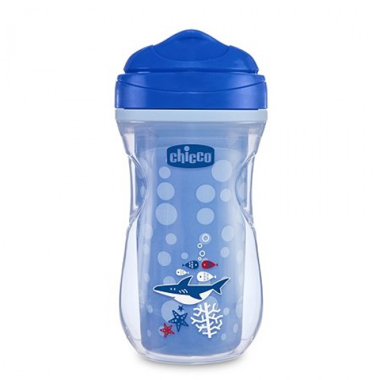 Chicco Active Cup 14m+ Μονωμένο Κύπελλο με Μαλακό Στόμιο, Χρώμα Μπλε με Σχέδιο Καρχαρία 266ml