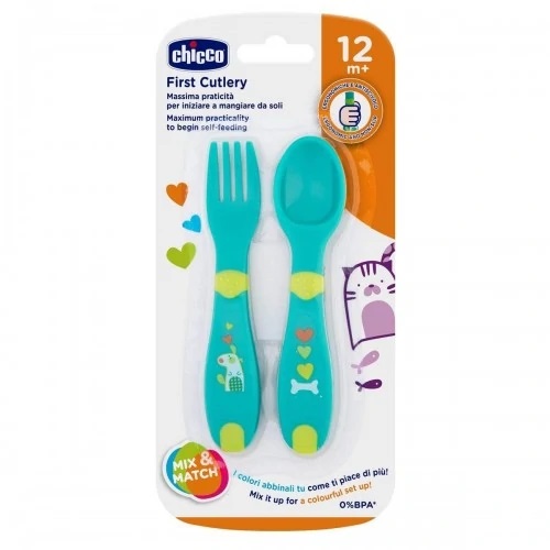 Chicco Βρεφικό Σετ Κουταλάκι & Πιρούνι 12m+ Χρώμα Πράσινο 2 Τεμάχια