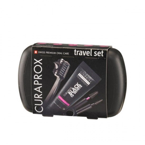 Curaprox Travel Set Black is White Πακέτο Στοματικής Υγιεινής Ταξιδίου με Λευκαντική Οδοντόκρεμα 10ml & Οδοντόβουρτσα Πτυσσόμενη 1τεμ & Μεσοδόντιο Βουρτσάκι Καθαρισμού 2τεμ & Κουτί Μεταφοράς 1τεμ