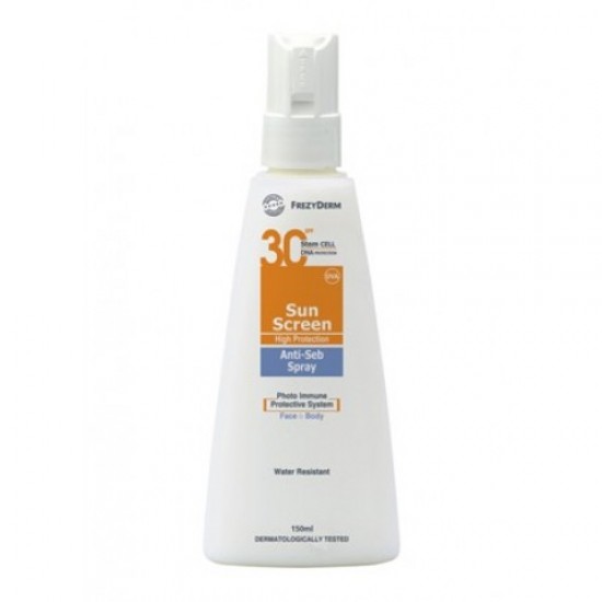 Frezyderm Sun Screen Spray Anti-Seb SPF30, Αντηλιακό Γαλάκτωμα Προσώπου-Σώματος για Ακνεϊκά Δέρματα, 150 ml