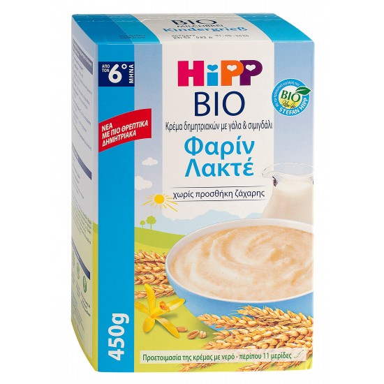 Hipp Bio Κρέμα Δημητριακών με Γάλα & Σιμιγδάλι Φαρίν Λακτέ Χωρίς Προσθήκη Ζάχαρης 6m+ 450gr