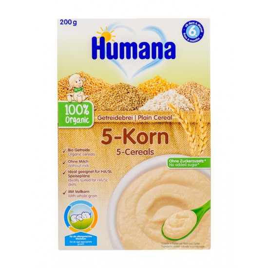 Humana 5-Korn, Βιολογική Κρέμα με 5 Δημητριακά, Χωρίς Γάλα, Από τον 6ο Μήνα 200gr