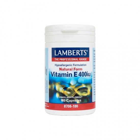 Lamberts Natural Form Vitamin E 400iu, Τοκοφερόλες  180 Caps Συμπλήρωμα Διατροφής με 400iu Φυσικής Βιταμίνης Ε για τη Διατήρηση της Υγείας της Καρδιάς, του Δέρματος και του Αναπαραγωγικού Συστήματος.