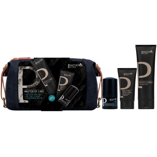 Panthenol Promo Extra Men Master of Care  After Shave Balm Ανδρικό Ενυδατικό Balm για μετά το Ξύρισμα 75ml, 3 in1 Cleanser Face Body Hair Ανδρικό Αφρόλουτρο & Σαμπουάν 200ml, Deodorant Roll-on Ανδρικό Αποσμητικό 50ml & Δώρο Νεσεσέρ