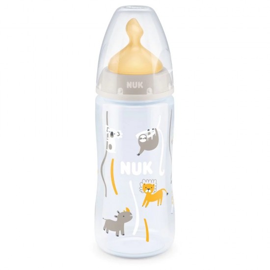 NUK First Choice+ Πλαστικό Μπιμπερό με Θηλή Latex με Δείκτη Ελέγχου Θερμοκρασίας, Γκρι 0-6m, 300ml