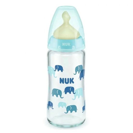 NUK First Choice+ Γυάλινο Μπιμπερό με Δείκτη Ελέγχου Θερμοκρασίας, Θηλή Latex 0-6m, Χρώμα Μπλε 240ml